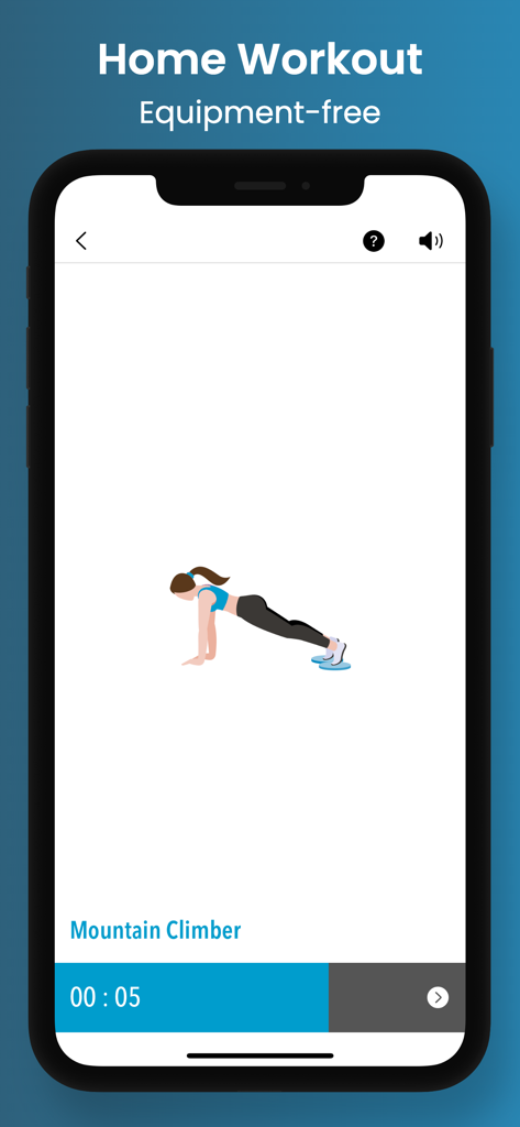 Abs Workout - Lose Belly - A mobile app interface displaying a mountain climber exercise animation for home workout.