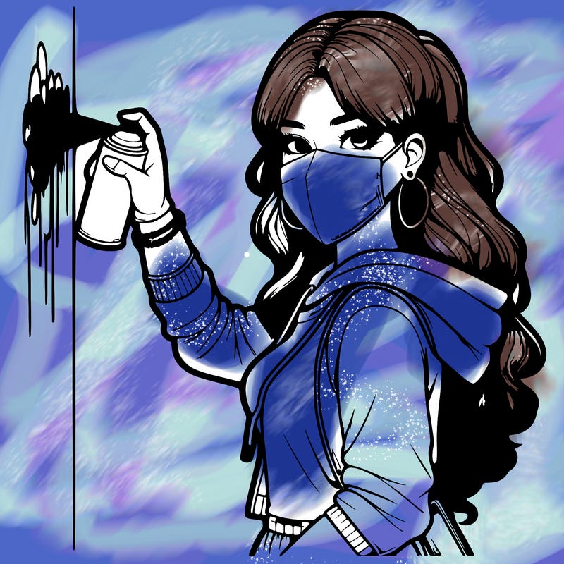 realistic girl with mask spray painting a wall