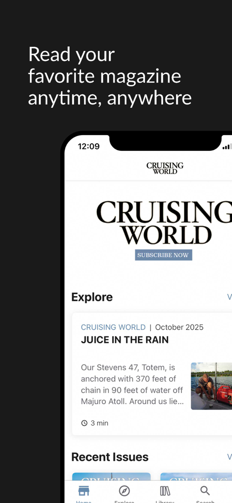 Cruising World Magazine - Cruising World Magazine app home screen featuring sailing articles.