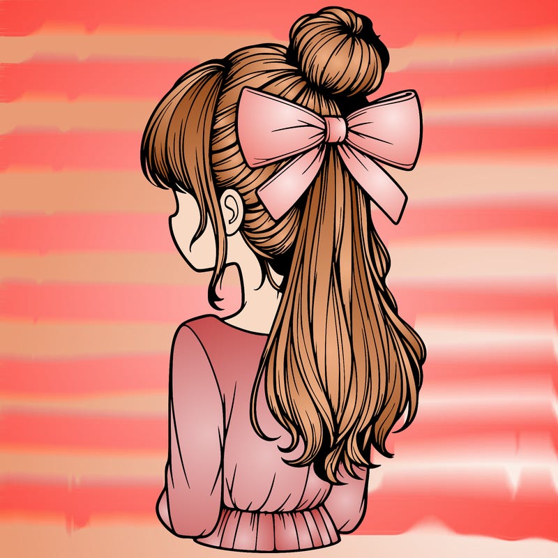 realistic girl  with hip length hair a bun and a big bow on the back of head