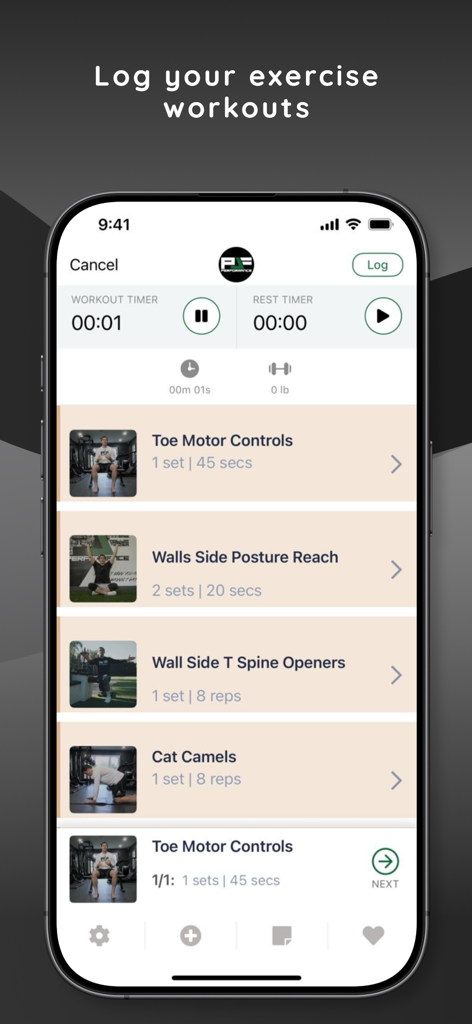 PJF Performance - The workout logging screen of the PJF Performance app displaying a list of basketball specific exercises and timers