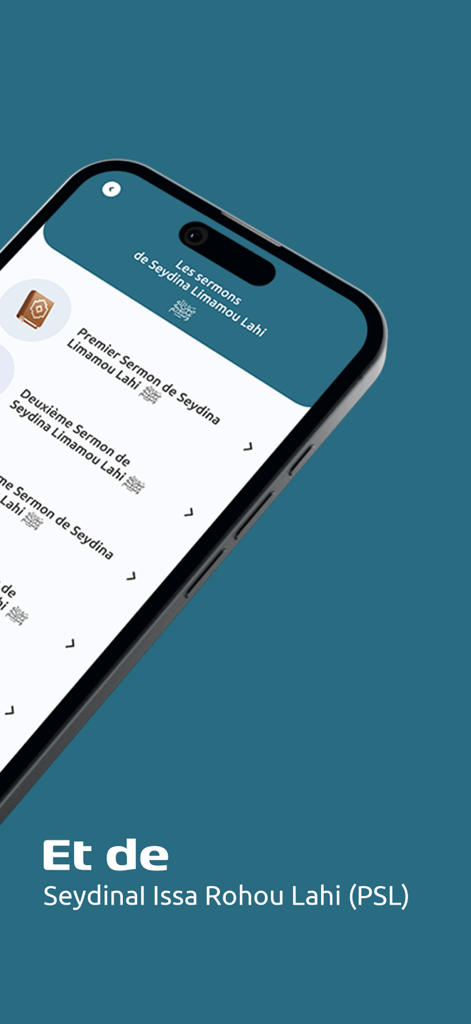 Layéne - Smartphone screen displaying religious sermons from Seydina Limamou Lahi within the Layene app