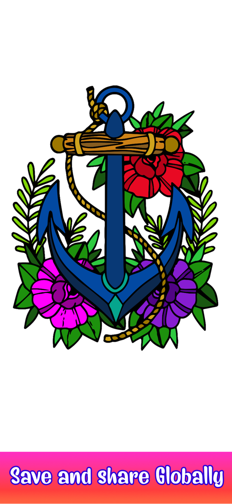 Una ilustración de ancla coloreada con flores y hojas y un botón de Guardar y compartir globalmente.