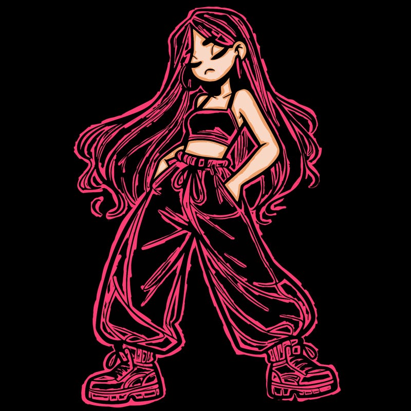 girl in baggy pants crop top and long hair