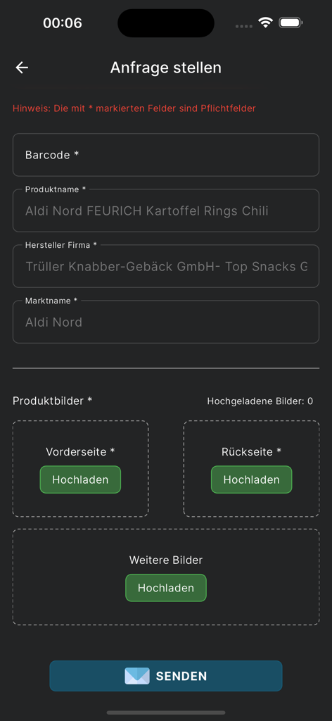 Interfaccia dell'app mobile per inviare un prodotto alimentare per la verifica Halal con campi per codice a barre e immagini