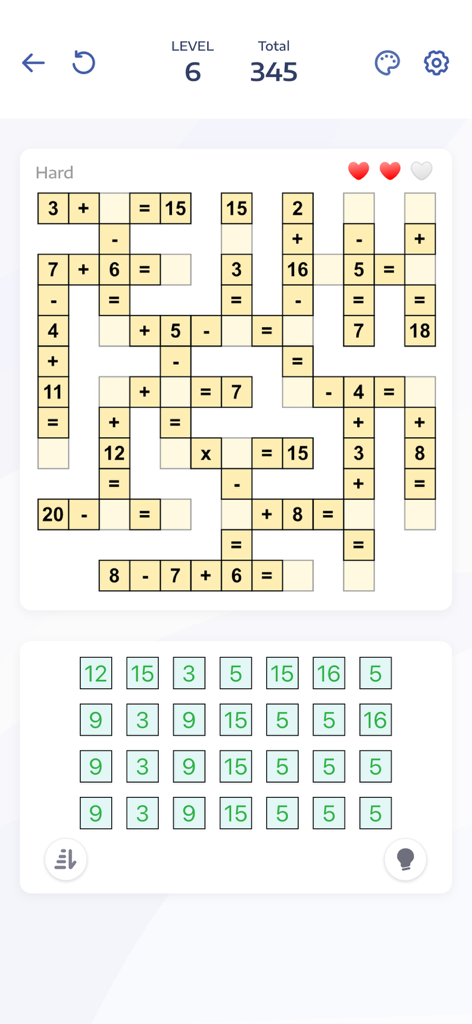 A gameplay screenshot of Crossmath showing a crossword style math grid with numbers and operators on a hard difficulty level
