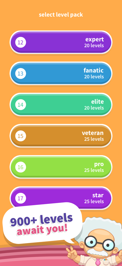 Level selection screen in WordWhizzle Search featuring the Professor and a 900 levels await you message