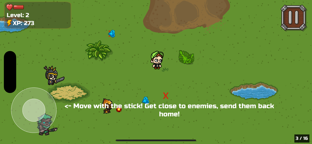 Bruno And Arishnev - A top-down view of the Bruno and Arishnev mobile game showing character movement and enemies on a green field.