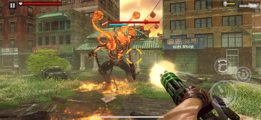 Zombie Fire 3D: Offline Game - First-person shooter gameplay showing a player firing a minigun at a large fiery boss zombie in an urban setting
