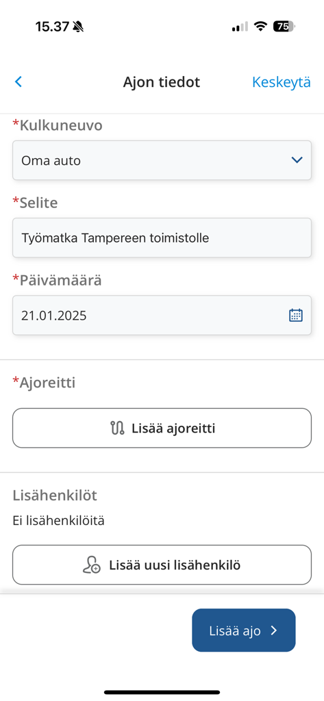 Visma M2 mobile app interface showing a form to enter business driving details including vehicle type and route