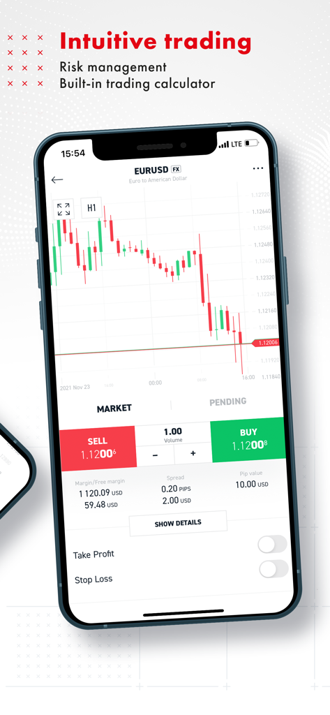 XOH Trader - XOH Trader mobile interface showing EURUSD candlestick chart and trading buttons