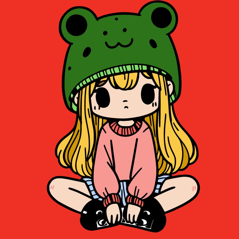 a girl wearing a frog hat and some frog socks
