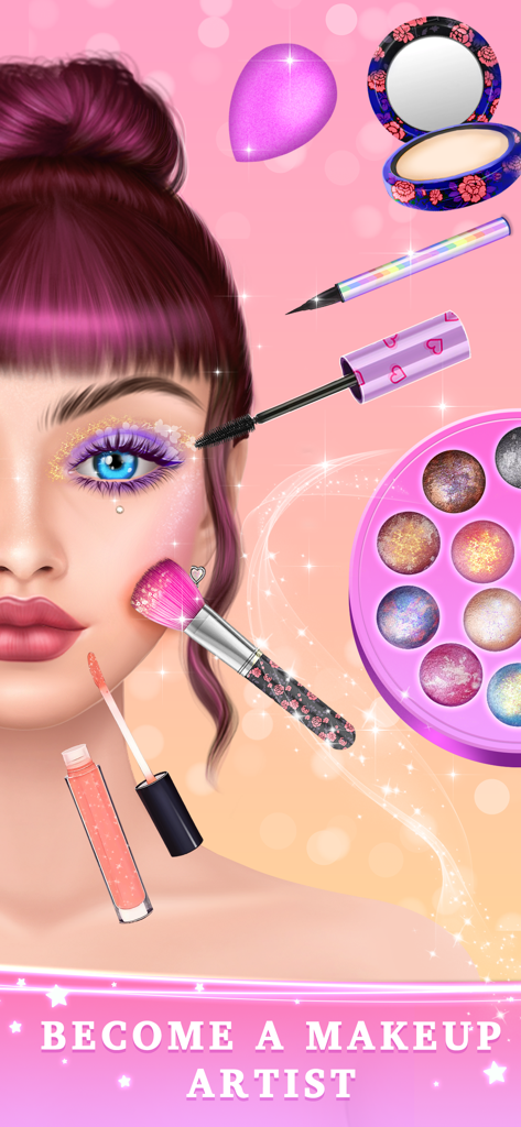 Spa BFF Makeover Dress Up Game - A girl character getting a makeover with various makeup tools and a colorful eyeshadow palette.