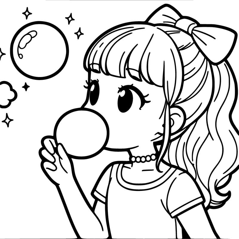a girl blowing a bubble of a bubble gum