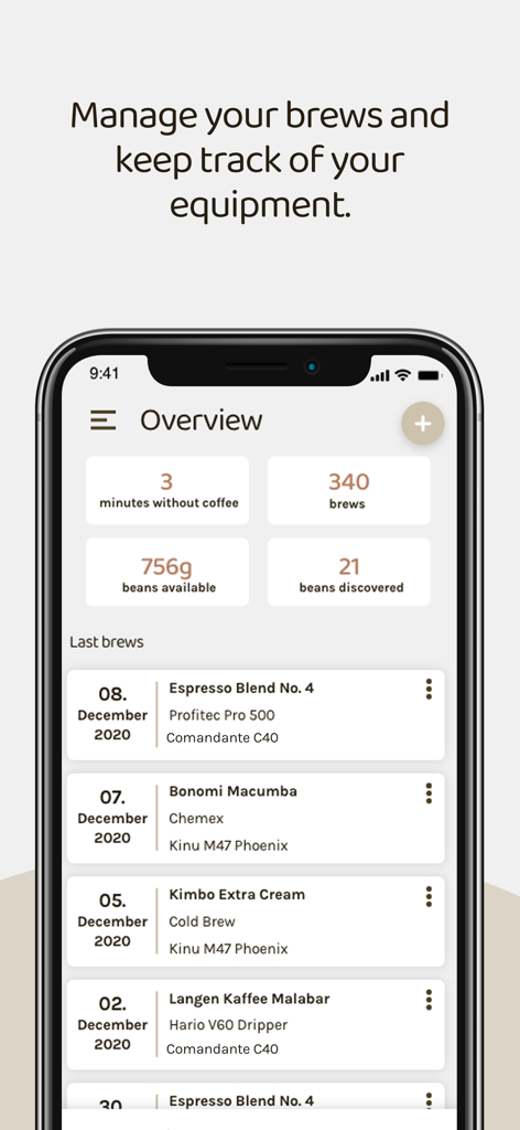Beanconqueror app dashboard showing coffee brew history and inventory data