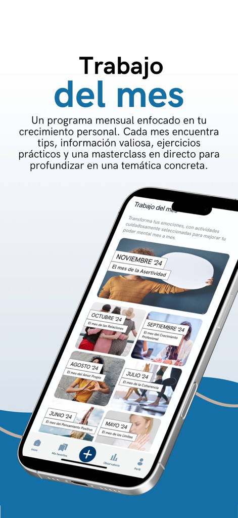 Psicovirtual - Psicovirtualモバイルアプリのインターフェース、アサーションやプロフェッショナルな成長などのテーマを含む月間個人の成長カリキュラムを表示