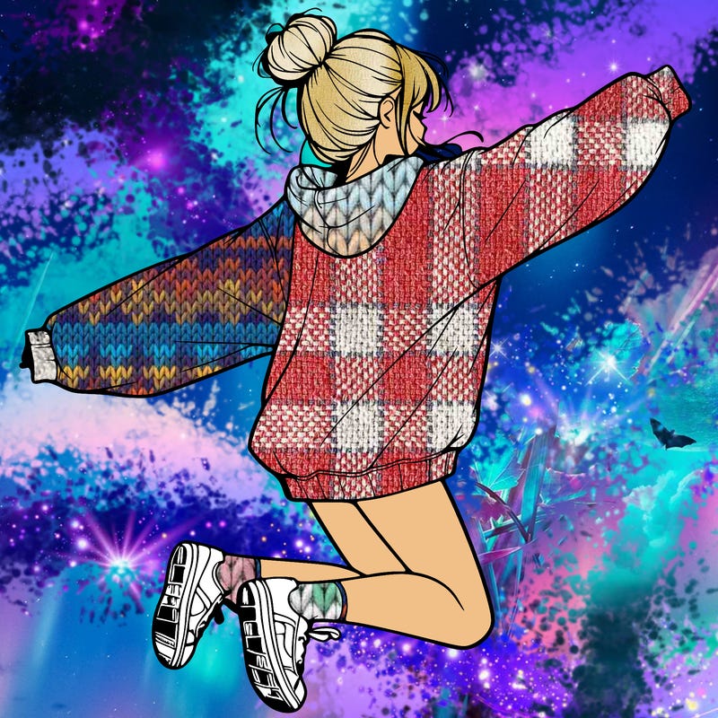 realistic girl jumping with a bun and oversized sweatshirt