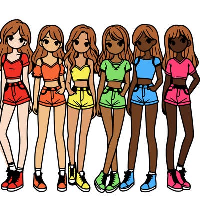 a group of girls wearing crop tops and shorts