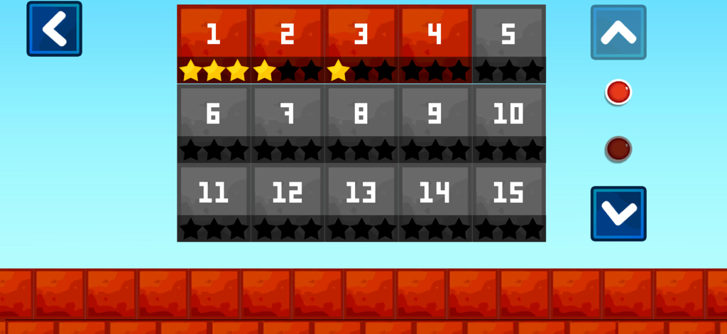 Level-Auswahlmenü für Red Bounce Ball Classic Game mit freigeschalteten Levels und Sterne-Bewertungen