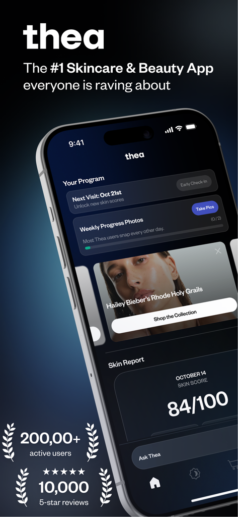 Thea - Start Your Glowup - Thea AI skincare app interface on iPhone showing a skin report score of 84 and a beauty program overview.