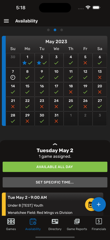 Assignr app availability screen showing a monthly calendar for a sports official to manage game assignments