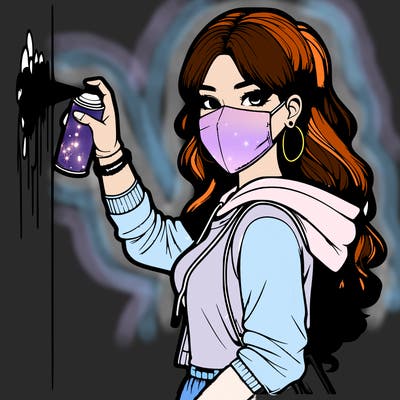 realistic girl with mask spray painting a wall