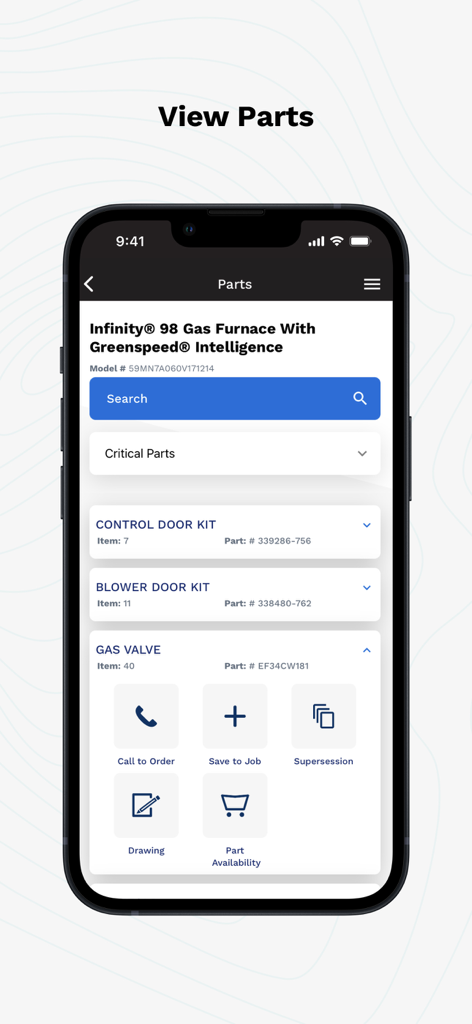 Carrier® Service Technician - Carrier Service Technician app interface showing a list of HVAC parts for an Infinity Gas Furnace with options to order or check availability.