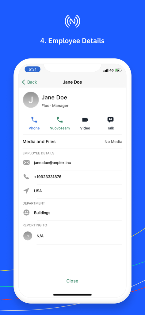 NuovoTeam app screenshot showing employee profile with contact details and department information