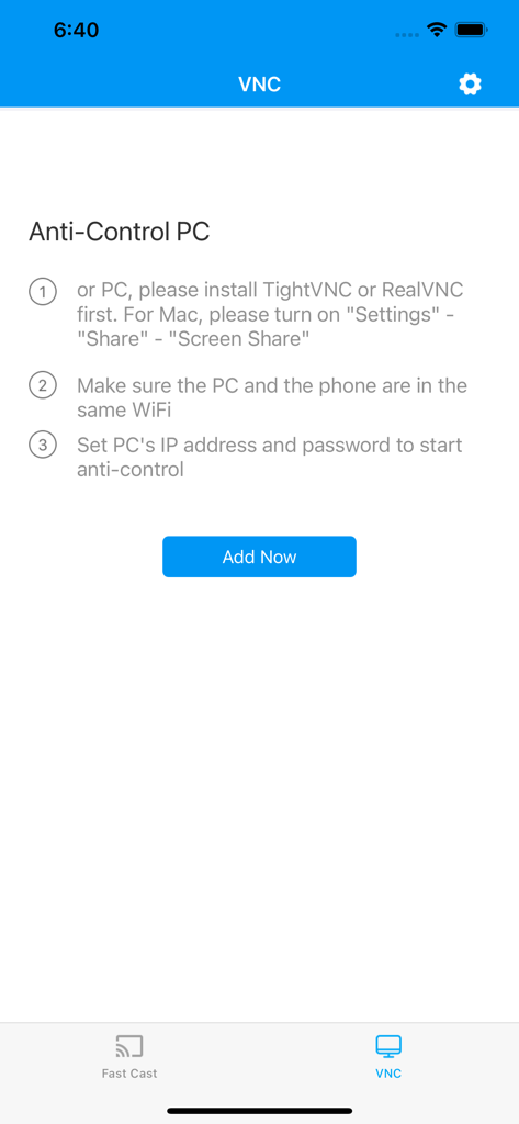 Fast Cast - Screen Mirror - VNC setup instructions for remote PC control in the Fast Cast app