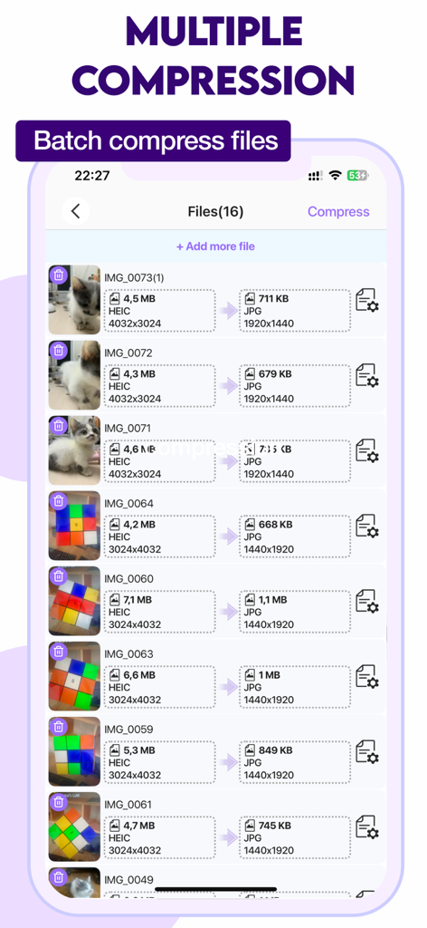 Video Compressor & Reduce size - Mobile app screen showing multiple image files being compressed simultaneously with file size comparisons