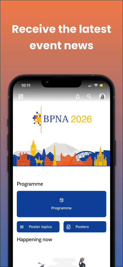 Mobile app home screen for the BPNA 2026 conference displaying event news and the conference programme