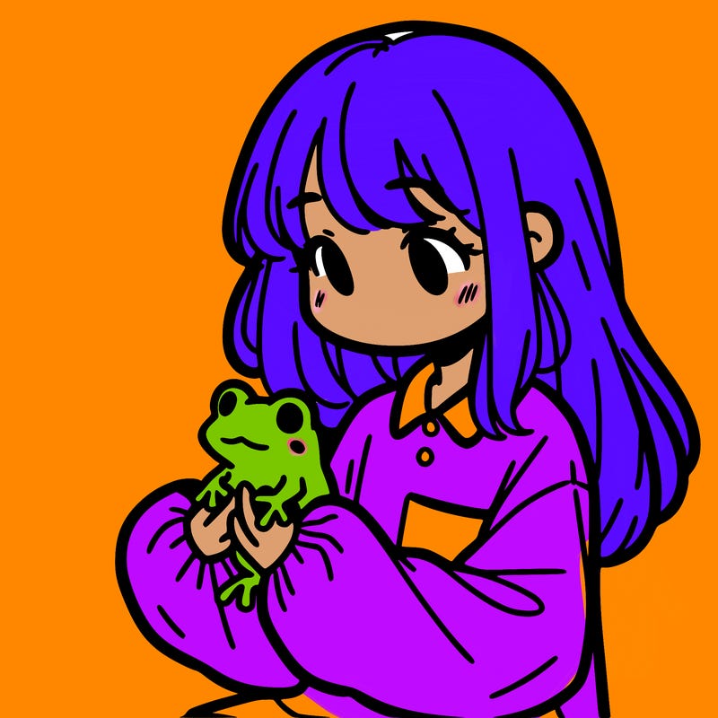 girl with long hair and a oversized shirt. and she is holding a frog