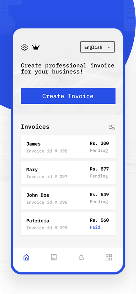 InvoiceBilling | Receipt Maker - InvoiceBilling app interface showing business invoices list and create invoice button.