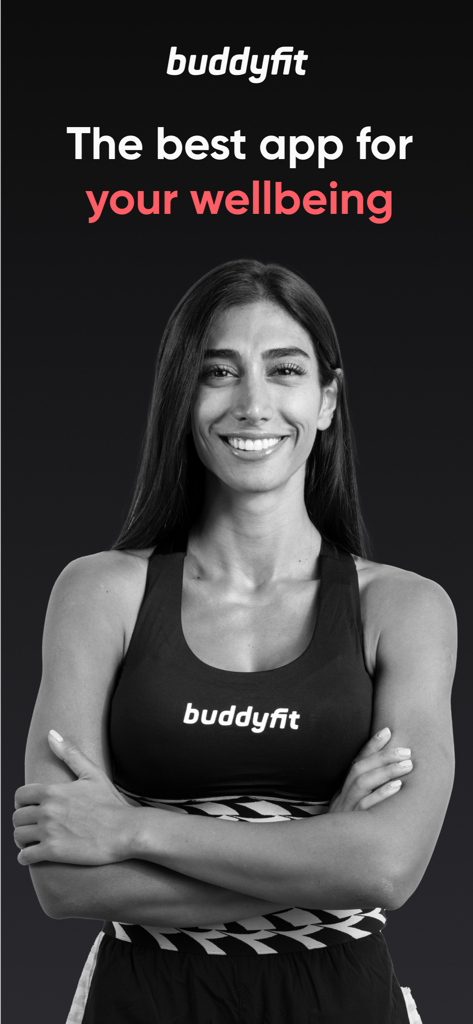 Buddyfit: Exercise at Home - A smiling woman in fitness attire under the text The best app for your wellbeing