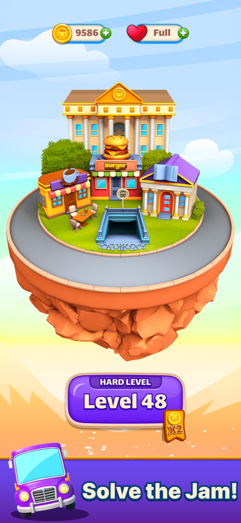 Color Bus Trip - 부유하는 섬 도시와 보라색 버스가 등장하는 컬러 버스 트립 레벨 48 게임 플레이 화면