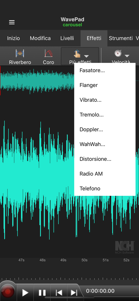 Oberfläche von WavePad Professionale 2022, die das Dropdown-Menü für Audioeffekte mit Optionen wie Phaser und Flanger über einer grünen Wellenform anzeigt.