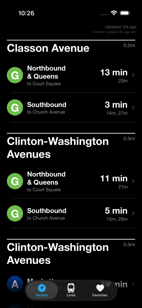 Now Departing - Now Departing app interface showing live subway arrival times for nearby NYC stations like Classon Avenue.