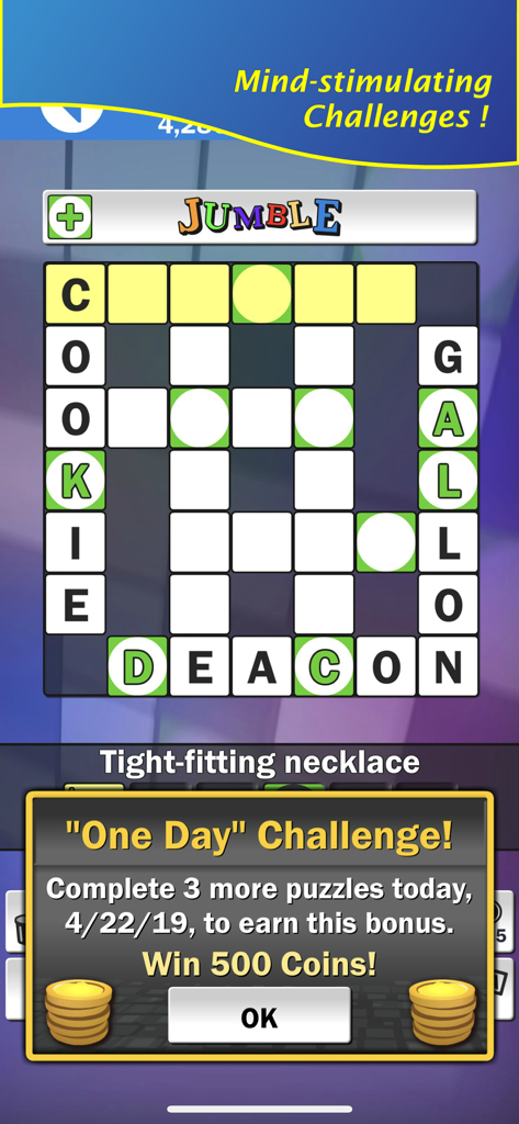 Giant Jumble Crosswords - Giant Jumble Crosswords gameplay showing a daily challenge bonus popup.