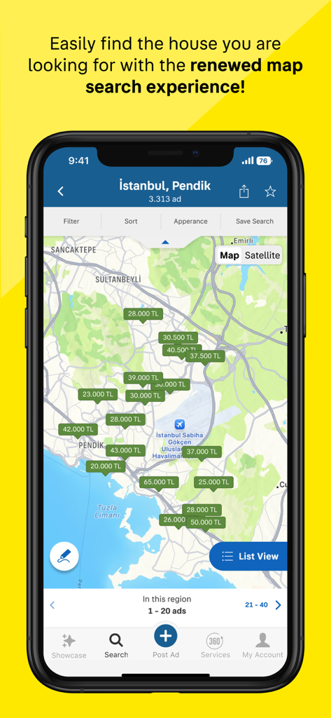 sahibinden #AlSatKiralaKesfet - Interfaz de búsqueda en mapa de la aplicación móvil Sahibinden que muestra anuncios de propiedades y precios en Estambul.
