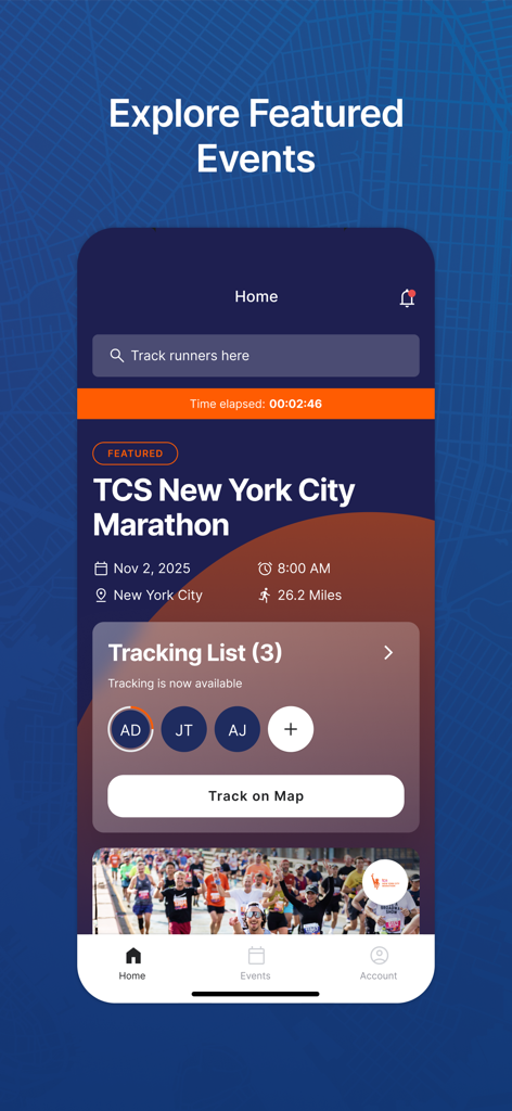 New York Road Runners - Home screen of the New York Road Runners app showing the TCS New York City Marathon event details and live runner tracking feature.