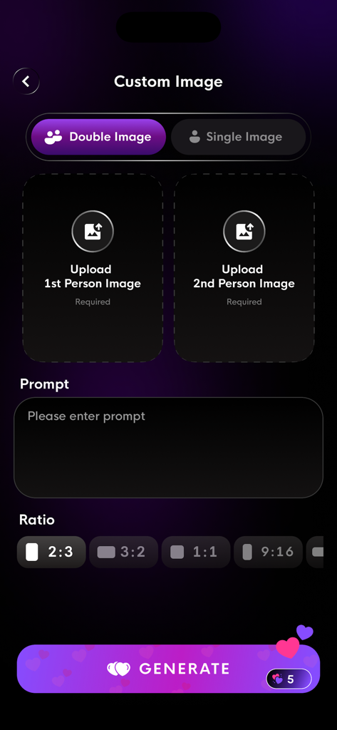 AI Couple Photo: Video Rizz AI - Interface for custom AI couple image generation with photo uploads and text prompts