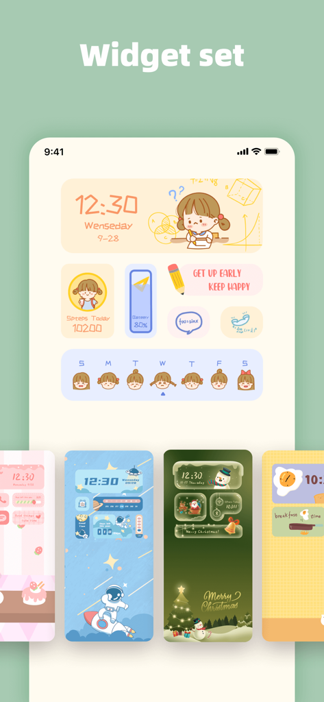 A collection of cute and aesthetic custom home screen widget sets including hand drawn icons and holiday themes