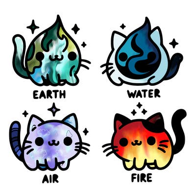 4 cats that represent the different elements, earth, water, air, and fire