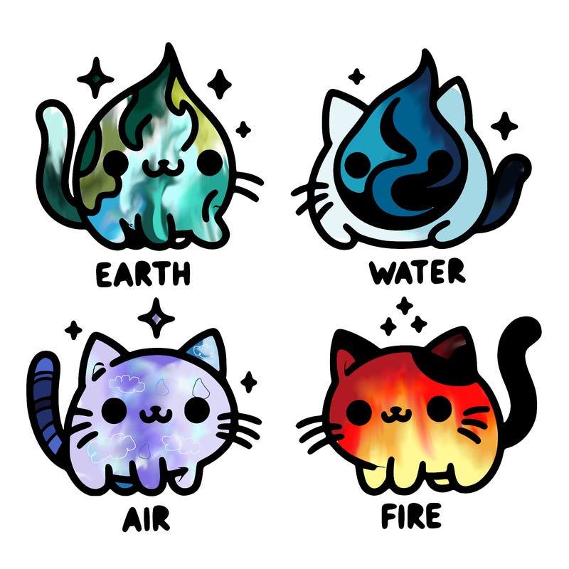 4 cats that represent the different elements, earth, water, air, and fire