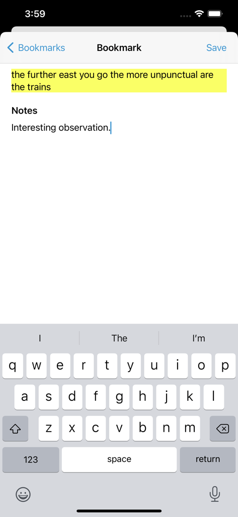 A screenshot of the Bluefire Reader interface showing a highlighted book passage with an added personal note and the keyboard active for editing.