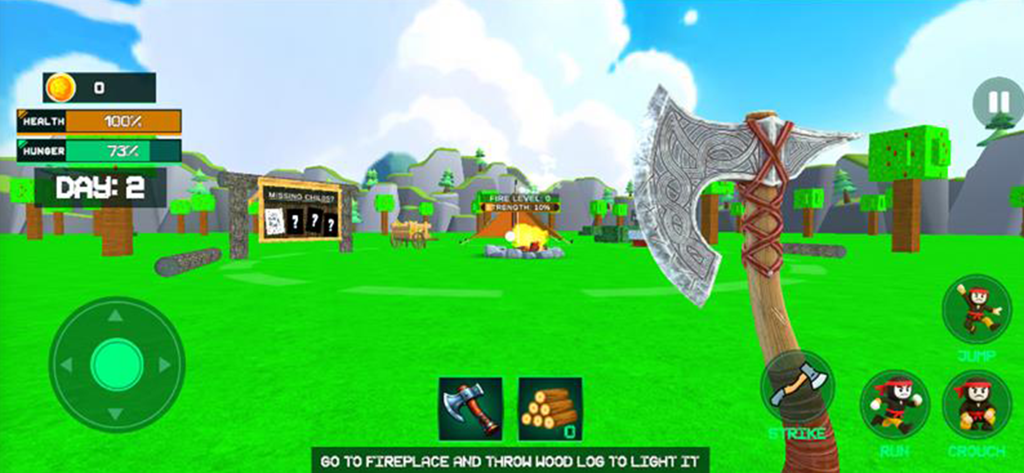 Survival Nights: Forest Escape - First person view of a player holding a survival axe in a low poly forest environment with game UI elements