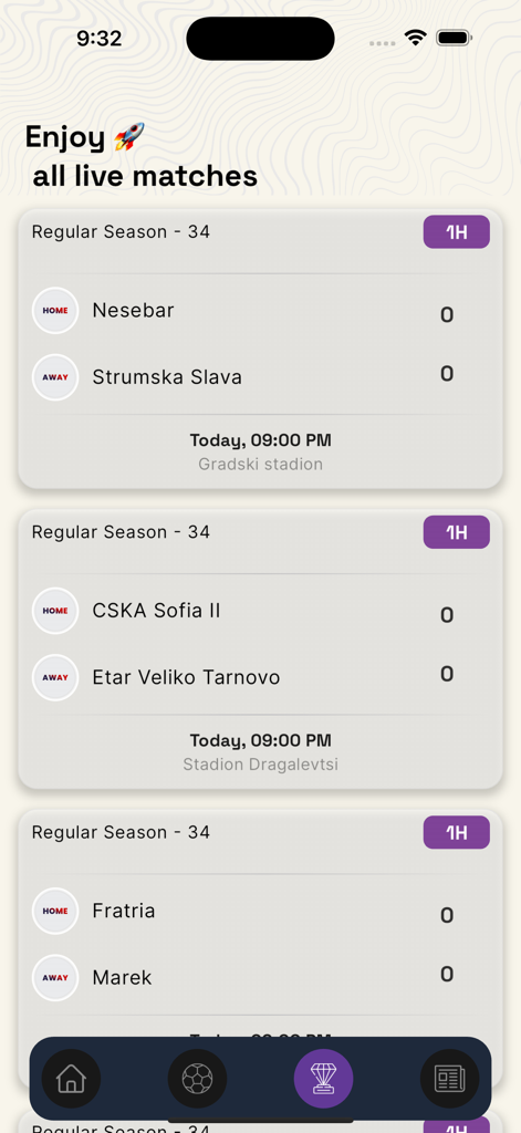 KAKA Sport mobile app interface showing live football scores and match schedules