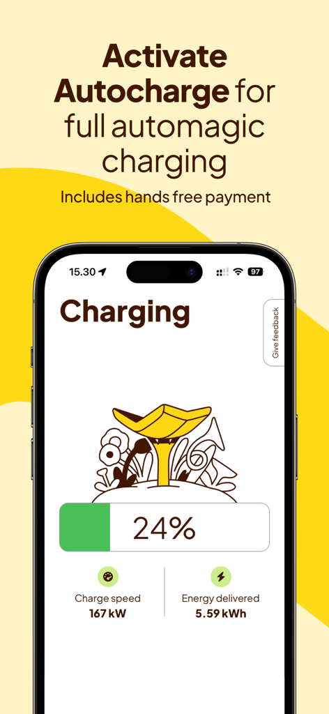 24% 배터리와 실시간 충전 속도 데이터를 보여주는 전기 자동차 충전 진행 상황을 보여주는 Fastned 앱 화면