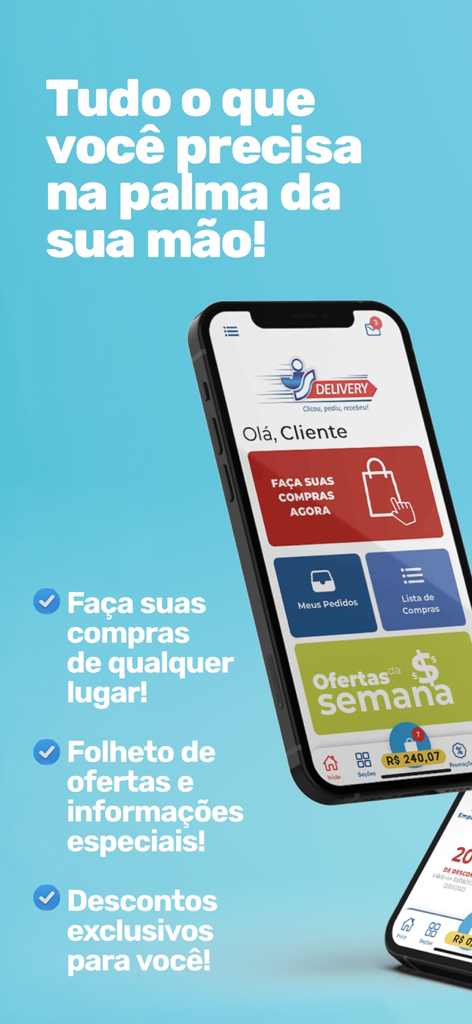 Smartphone displaying the Jaú Serve Plus Delivery app home screen with grocery shopping and weekly offer sections