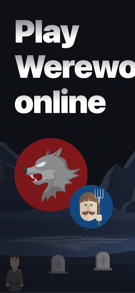 Screenshot do jogo Wolfy com personagens de lobisomem e aldeão e o texto Jogue Werewolf online
